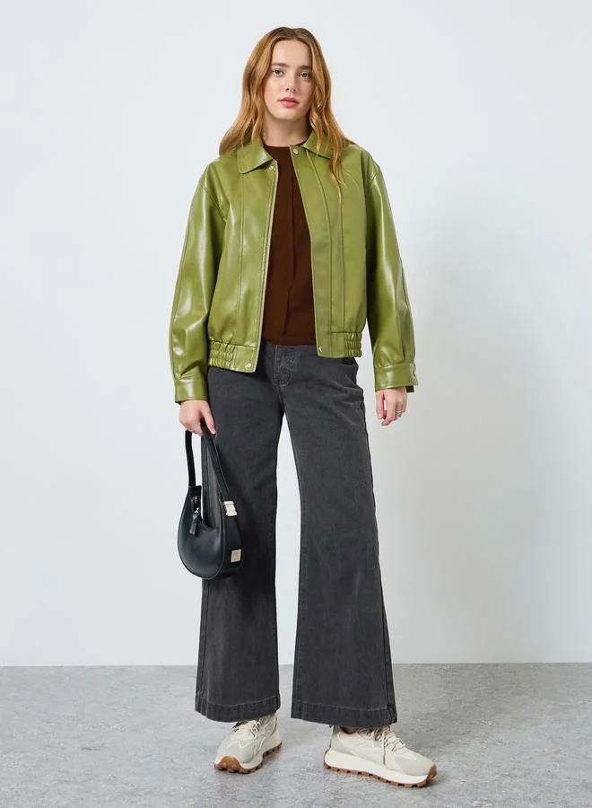 Take Two Women Olive Green Zip Up Faux Leather Jacket